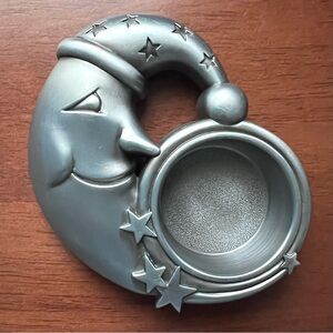 Vintage Crescent Moon and Stars Pewter Candle Holder 90s Celestial Santa Xmas
